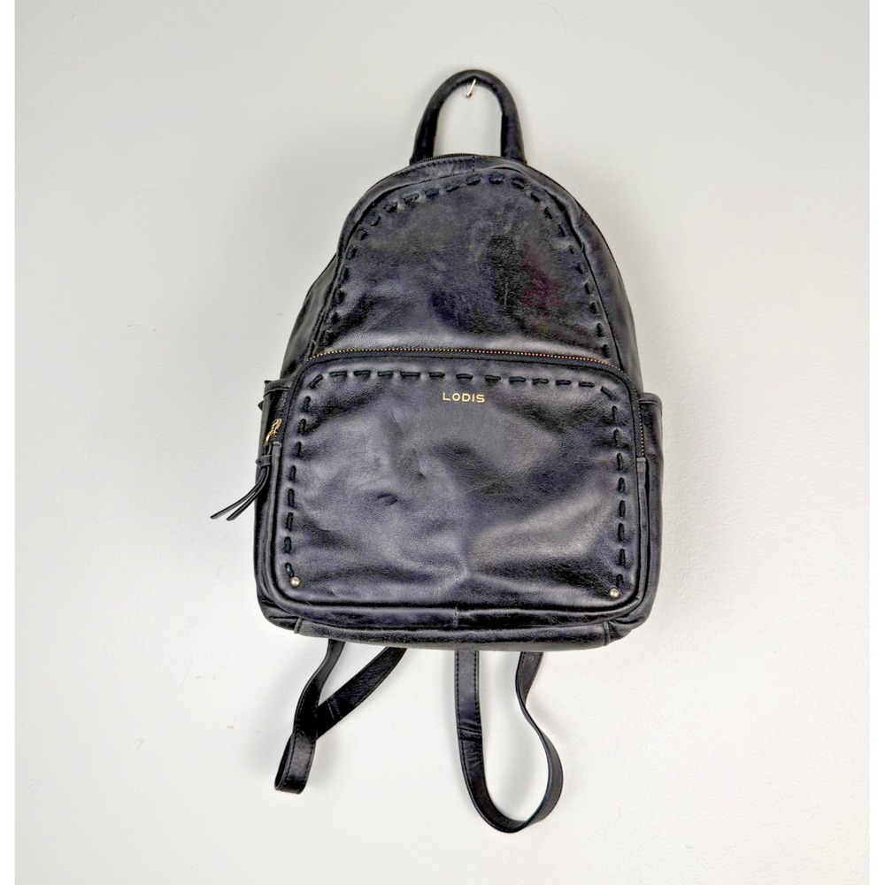 Lodis Mini Backpack Women's Black 100% Leather Top Handle Whipstitch Zip Pocket